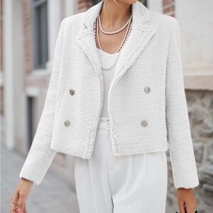 Womens White Tweed Double-Breasted Jacket